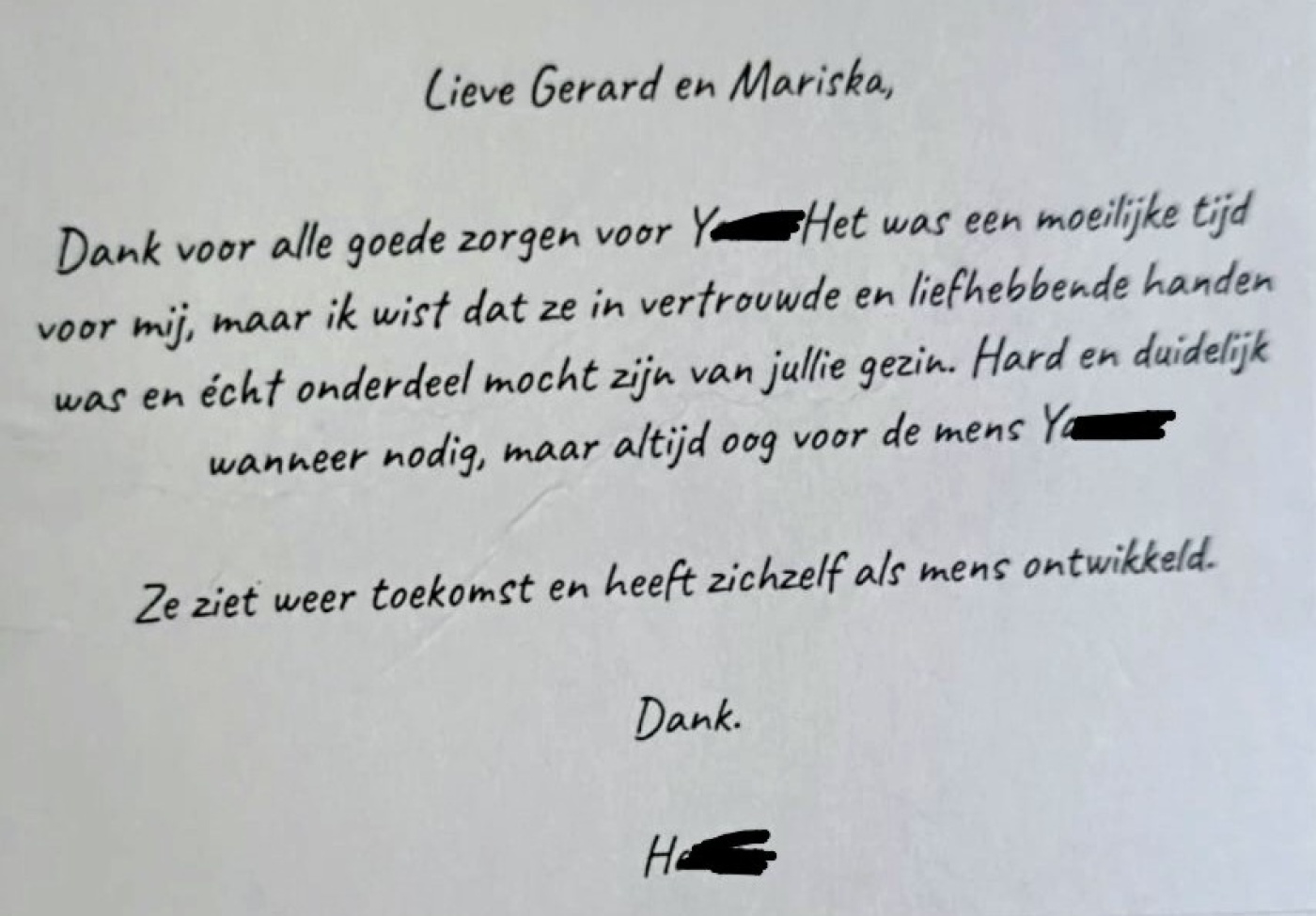 Het dankbriefje zoals wij deze hebben ontvangen
